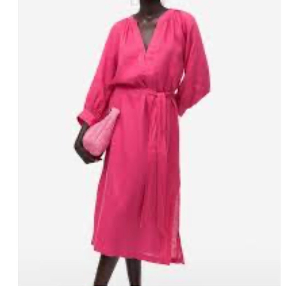 NWT H&M Cerise 100% Linen Dress Size L Pink Tie-Belt Midi Balloon Sleeve Slit